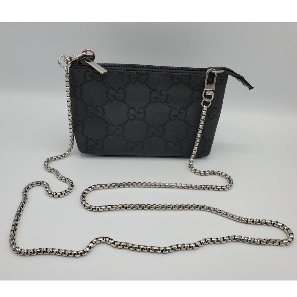 Gucci Black GG Monogram Crossbody Bag with Silver Chain
